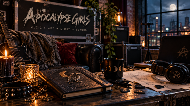 The Apocalypse Girls creative music studio with guitars, recording equipment, and songwriting materials